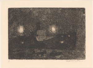 夜の岸壁でのボート 作： Frederika Henriëtte Broeksmit (signed by artist)