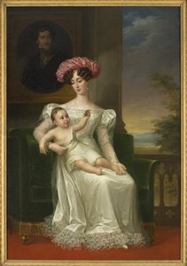 スウェーデン・ノルウェー両王妃ヨゼフィーヌ・オブ・ロイヒテンベルグ（息子のシャルル15世を抱き、オスカル1世の肖像画の前に座る） - Portrait of Josephine of Leuchtenberg (1807-1876), Swedish and Norway, by Westin, Fredric (1782-1862).オイルオンC 作： Fredric Westin