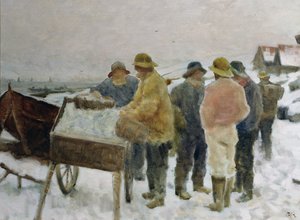 ニシン荷車を囲む漁師たち 作： Fredrik Kolstoe