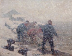 吹雪の中で漁師が引き網を引く (キャンバスに油彩) 作： Fredrik Kolstoe