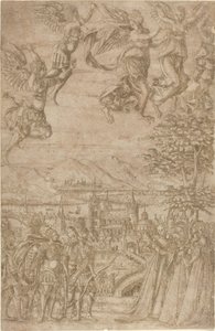 天上の戦いで女性と対峙する王と従者 作： French 17th Century
