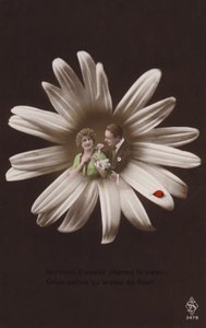 テントウムシと花の中心にいる若いカップル（色付きのフォトコラージュ） 作： French Photographer