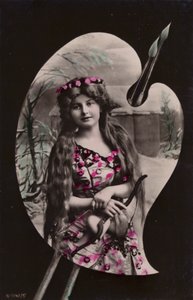 アーティストのパレットに描かれた弓と矢を持っている若い女性（色付きのフォトコラージュ） 作： French Photographer