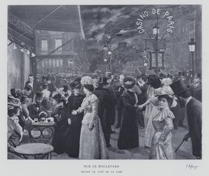 パリ、カフェ・ド・ラ・ペの外の大通りにて（モノクロ写真 作： French Photographer