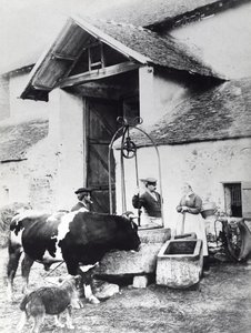 農場で井戸を囲む農民たち（1860-70年頃）（モノクロ写真 作： French Photographer
