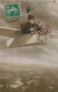 1913年6月6日に発送された、花を配達する飛行士のポストカード（手描きの写真） 作： French Photographer