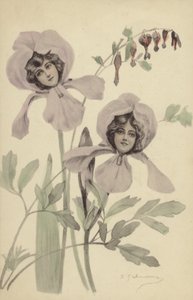 若い女性の顔を含む2つのアイリスの花（コラージュ）
