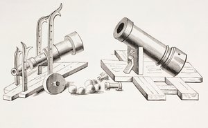 15世紀の大砲。固定式の砲車（右）とローリング式の砲車（左）が付いており、1873年に公開されたLes Arts au Moyen時代のものです。 作： French School
