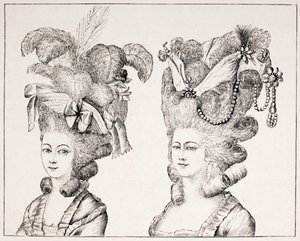 贅沢なヘアスタイルと帽子をかぶった18世紀のフランスの少女、1875年 作： French School
