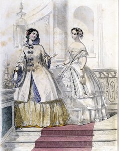 2人のファッショナブルな女性-「Journal des Demoiselles」1852年に掲載。 作： French School