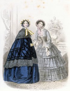 2人のファッショナブルな女性：衣装を着て-「Journal des Demoiselles」1852年（彫刻）にて 作： French School