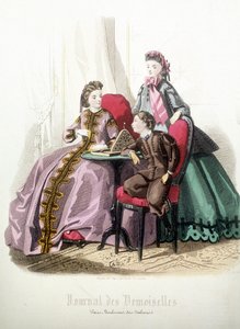 女性2人と男の子1人。ファッション-1864年12月の「ダモワゼル誌」にて