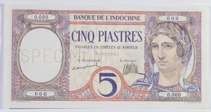 インドシナ銀行からの5つのピアストル紙幣（紙） 作： French School