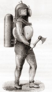 1870年頃に出版された「Les Merveilles de la Science」に掲載された19世紀アメリカの深海潜水服（彫刻 作： French School