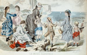 ノルマンディーのビーチ、1875年（カラー彫刻） 作： French School