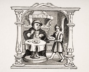16世紀の写本での挿絵の後、ルモヤンエイジエルラルネッサンスのポールラクロワ（1806-84）によって1847年に出版された、彼の食事を食べるバージェス 作： French School