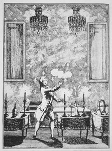19世紀後半に出版された「歴史の魔法」に示されている、1659年のデクレムによるラマギーブランシュの被爆者からの手品のデモンストレーション 作： French School