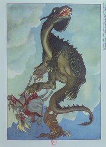 空から落ちてくるドラゴン、ハンガリーの物語「妖精ペルヴァンシュの物語」のイラスト、1910年頃（カラーリソ） 作： French School