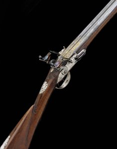 ファインアンドレアの20口径シルバーマウントフレンチDBフリントロック式スポーツガン、c.1725 作： French School
