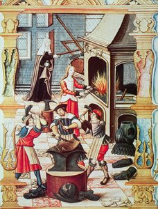 16 世紀のフランスの鍛冶屋、「Chants royaux sur la Conception Couronnee du Puy de Rouen」の細密画の複製 (カラー リソ) 作： French School