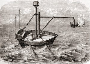 13世紀のラテン語の写本に描かれたギリシャの火の船（1870年頃出版の「Les Merveilles de la Science」より）（エングレーヴィング 作： French School