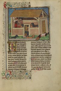 Kenneled Dogsに参加するハンター、c.1430-40（テンペラ、金、銀のペンキ、羊皮紙の葉） 作： French School