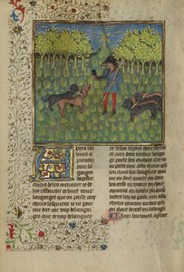 ホーンの呼び声に対応するために犬を訓練するハンター、c.1430-40（テンペラ、金と銀の絵の具、羊皮紙の金箔） 作： French School