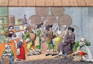 アーティスト、マッドスクレイパー、ラグ商人の会合、パリのパレロワイヤルで人気のカフェの似顔絵、1800年頃 作： French School