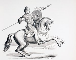 1873年、槍と盾を携えた鎖郵便と兜を身にまとったノーマン騎士 作： French School