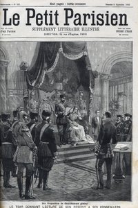 欧州列強への軍縮提案 - 顧問に原稿を読み上げる皇帝ニコライ2世（1868-1918）。ル・プチ・パリジャン
