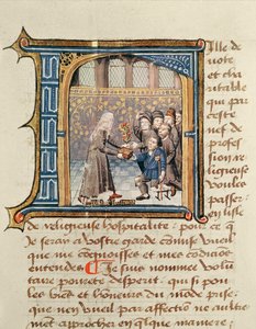 患者からの贈り物を受け取った姉妹、ジャン・ヘンリー著、Le Livre de Vie Active de l&39;Hotel Dieu de Paris、c.1482 作： French School