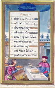 2月のビクトリア朝のカレンダーシート、アンヌドブルターニュ（1488〜1514年）の時間集からのイラスト付き 作： French School