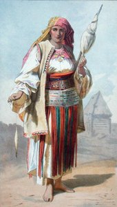 1865年にロンドンで出版された「Transylvania: Its Products and Its People」に掲載された「A Wallack Woman」のイラスト（カラーリトグラフ） 作： French School