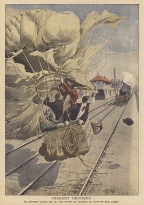 急行列車が接近する線路上に着陸する気球（カラーリトグラフ 作： French School