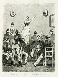 ブール・レオポルドのカフェでの歌声。エドゥアール・シャルトン（1807-1890）監督の『le tour du monde 1886』に収録されているカミーユ・レモニエの『La Belgique』の挿絵をA.Hubertが描いたもの。