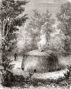 森の中の炭焼き窯。19世紀に描かれたもので、1870年頃に出版された『Les Merveilles de la Science』に収録されている（彫刻）。 作： French School