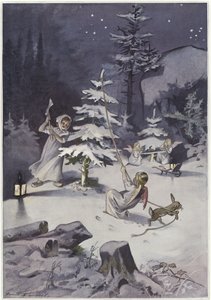 天使がクリスマスツリーを切り倒しながら斧を振るう 作： French School