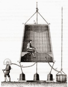 1691年にハレーが製作した潜水鐘（1870年頃に出版された「Les Merveilles de la Science」より）（彫刻