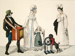 オルゴールと一緒にろくろで遊ぶ犬、「le Bon Genre」のプレート85、1810年頃（カラーエングレーヴィング） 作： French School