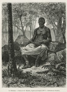 アルフレッド・マルシェが1875年から1877年にかけてガボンとオグエ川を旅した際の物語を説明するために、D.Maillartが描いたフェティッシュール（フェティッシュの魔力を使える魔術師）。Le tour du monde』に掲載されたエングレーヴィング。 作： French School