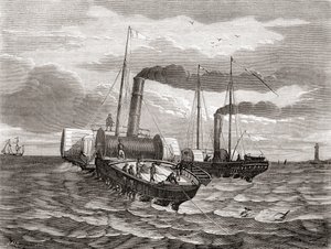 1850年、ジョン・ワトキンス・ブレットの英仏電信会社が、ドーバーからカレーまでの英仏海峡下に、改造曳船ゴリアテ号とウィジョン号を使って敷設しようとした最初の試み（1870年頃に出版された『Les Merveilles de la Science』より）。 作： French School