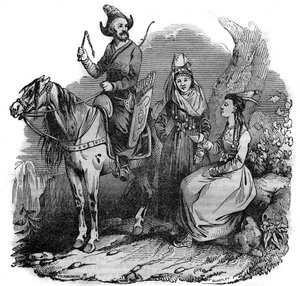 伝統的な衣装を着たキルギス（Kyrgyz）のコサックの集団。絵になる店」で1835年 作： French School