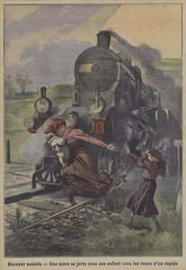 特急列車の車輪の下に身を投げた母親の悲痛な自殺（カラーリトグラフ 作： French School