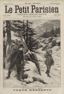 アルプスの子供殺し：フランスから帰国するために雪の積もったアルジェンティエール峠を越えるのを手伝う約束をした少年の殺害を待つイタリア人の男（エングレービング 作： French School