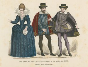 1605年のファッションの女性と2人の紳士 作： French School