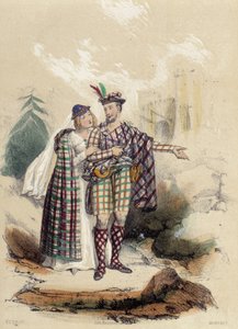 城の前でキルトを背負った男とその仲間。M.E.Fouinetの「The twelve Nations」に描かれたスコットランドのイラスト。 作： French School