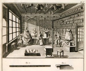 1770年頃に出版されたDenis Diderot（1713-84）の「科学と金属の百科事典」に掲載されているマットメーカーの作業場の様子（彫刻）。 作： French School