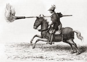 1870年頃に出版された『Les Merveilles de la Science』に掲載された、世界初の火薬兵器のひとつであるファイヤーランス（火の槍）を持つ中世の騎士（エングレーヴィング）。 作： French School