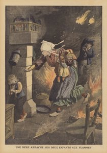 火事から子供を助ける母親（カラーリトグラフ 作： French School