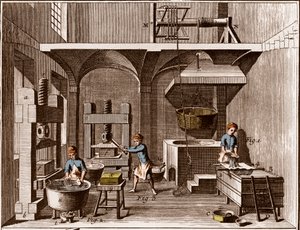 製紙工場 - 文房具。コラージュ - ドゥニ・ディドロ（1713-1784）とジャン・ダランベール（1717-1783）による「大百科全書」（Encyclopedie, ou Dictionnaire Raisonne des Sciences, des Arts et des Metiers）。 作： French School